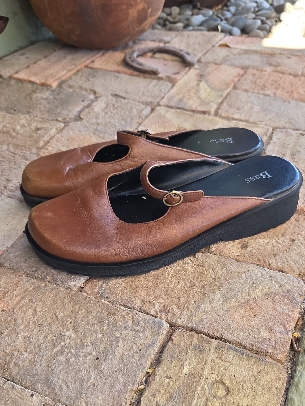 Bass Tan Leather Slip-On Mules with Buckle Womens Size 9.5M
